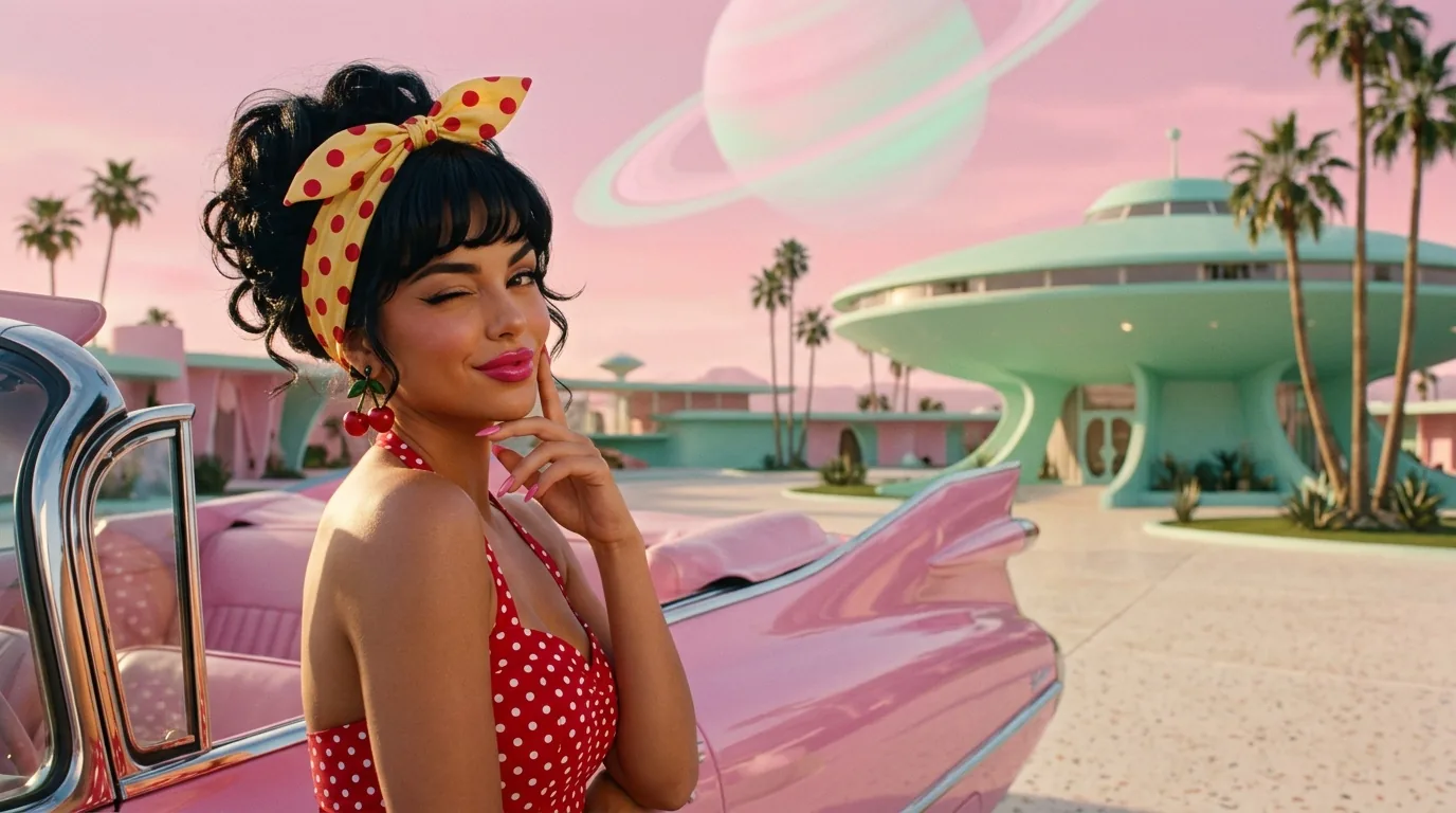 La pin-up de Planet Vintage saluda junto a un Cadillac rosa