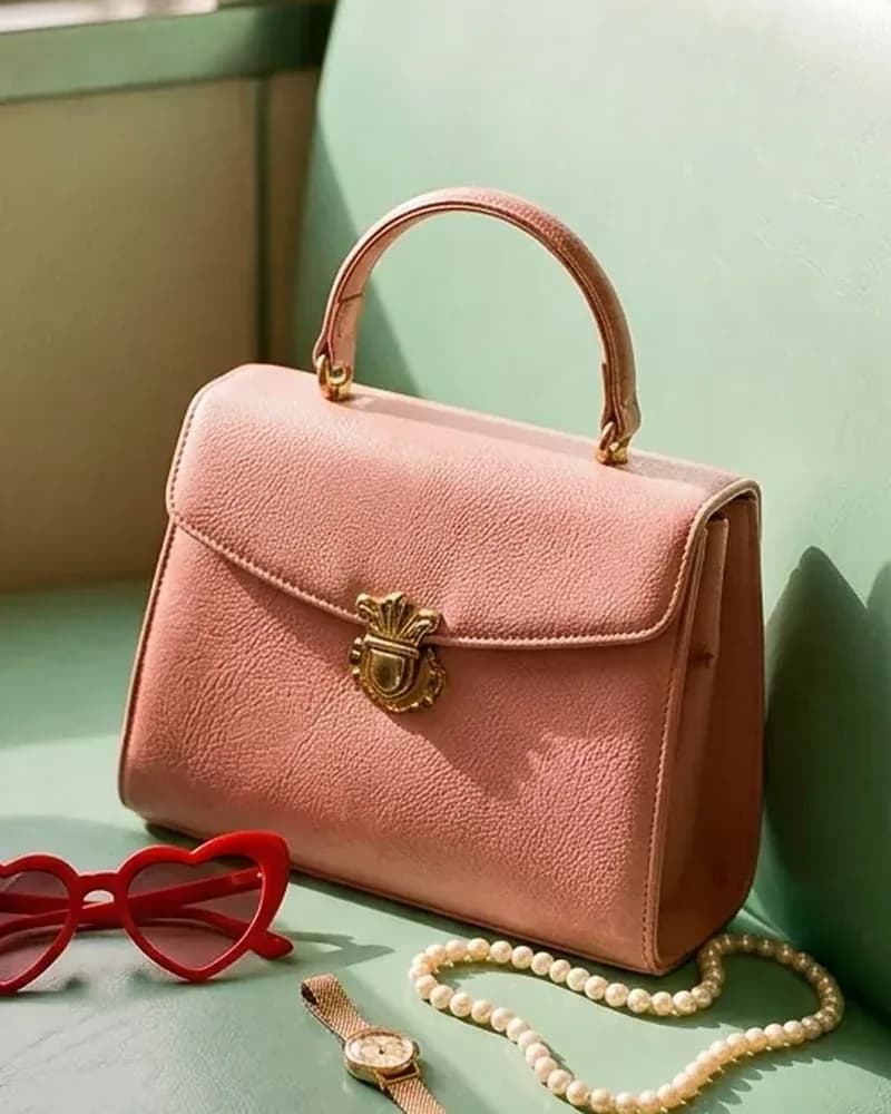 Bolso vanity rosa con cierre dorado sobre un asiento menta