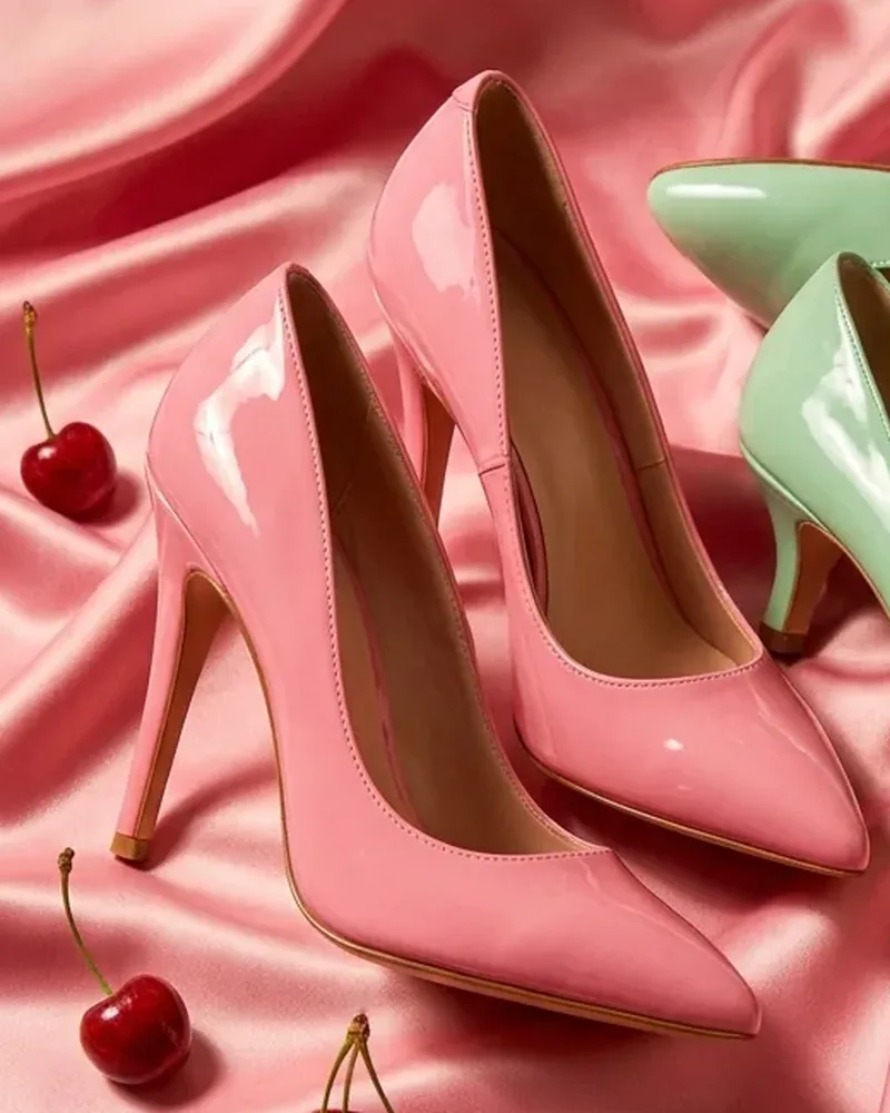 Zapatos de salón rosa chicle sobre satén y cerezas