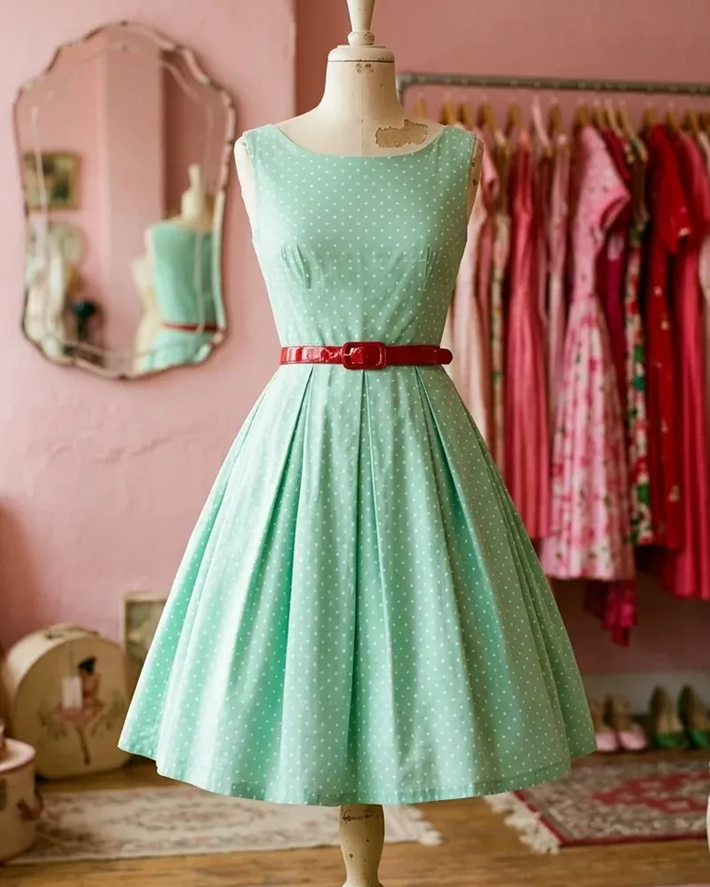 Vestido swing menta de lunares sobre un maniquí